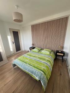 a bedroom with a bed with a green comforter at Charming T2- apartment in Beauvais in Beauvais
