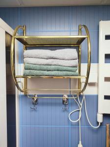 a towel rack in a bathroom with towels at Look Apartman in Vrnjačka Banja +19 photos