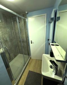 a bathroom with a shower and a sink and a shower stall at Charming 2 bedroom cottage in Brecon - families and pets welcome! in Brecon +19 photos