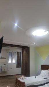 a bedroom with a bed and a light on the ceiling at Appartement des Palmiers in Biskra