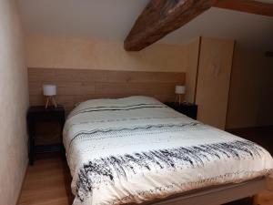 a bed in a room with two lamps on tables at Chez Delphine in Doizieux