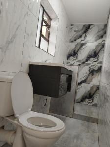 bagno con servizi igienici, specchio e finestra di Cooperville a New Germany Altre 13 foto