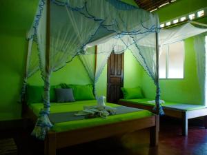 a bedroom with green walls and a bed with a canopy at Le Relais de Djangoa in Djangoa