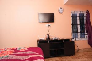 a bedroom with a tv on the wall and a bed at December Holiday inn 1 Bedroom House with 2 tent houses in Kodaikānāl