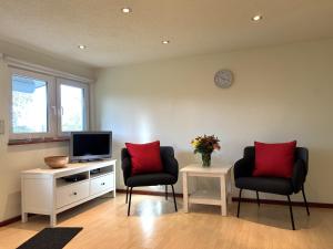 un salon avec deux chaises et une télévision dans l'établissement kleiner Holzbungalow Grundmann mit Naturgarten, à Wilhelmsfelde