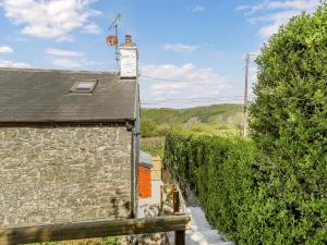 un bâtiment en pierre avec une cheminée et une haie dans l'établissement 3 Legged Duck Cottage, à Yspytty-Ystwyth