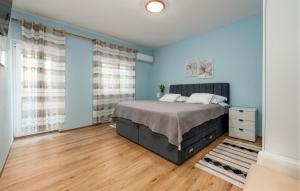 ヴーシにあるFour-Bedroom Holiday Home In Vrsiのベッドルーム1室(青い壁とウッドフロアのベッド1台付)