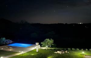 a backyard with a swimming pool at night at Amazing Apartment In Pologi in Gornji Kraj +9 photos