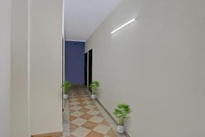 a hallway with two potted plants in a building at Hotel O B.S Residency in Gurgaon