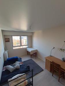 a bedroom with a bed and a desk and a window at Beautiful private room in apartment in Saint-Pierre-des-Corps