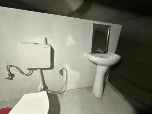 a bathroom with a sink and a toilet and a mirror at River Rock Camps in Jispa