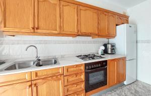 a kitchen with wooden cabinets and a sink and a refrigerator at 2 Bedroom Lovely Apartment In Vinaroz in Vinaròs