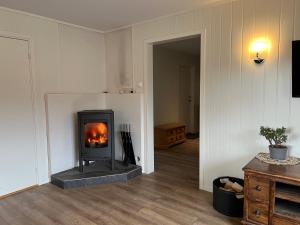 a living room with a fireplace in a room at guesthouse -Åndalsnes in Åndalsnes