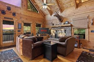 a living room with two couches and a fireplace at Mountain Cabin Escape Views Games & Relaxation in Mineral Bluff
