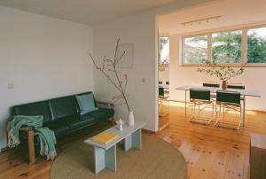 a living room with a green couch and a table at Im Scheunhornweg in Werder +51 photos