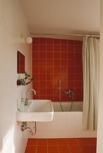 a bathroom with a sink and a tub with red tiles at Im Scheunhornweg in Werder