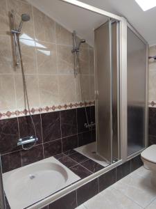 Un baño con ducha, lavabo e inodoro. en Casa Vitral - Stained Glass House, en Miranda do Douro