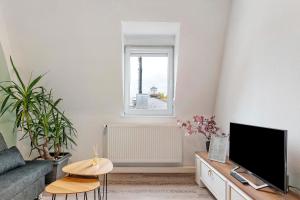 a living room with a tv and a couch and a window at Az-Living Feudenheim in Feudenheim