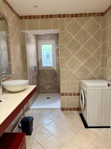 a bathroom with a sink and a washing machine at Villa avec piscine à quelques minutes de la mer in Lumio