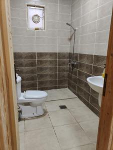 un baño con inodoro y lavabo en Nay's Chalet, en Shūnat Nimrīn