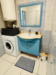 une salle de bain avec un lavabo et une machine à laver dans l'établissement Ti DODO studio cosy avec 2 piscines, à Saint-Pierre