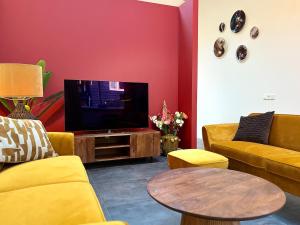 ein Wohnzimmer mit Sofa und Fernseher in der Unterkunft Sfeervolle villa met sauna aan de rand van het bos in Putten