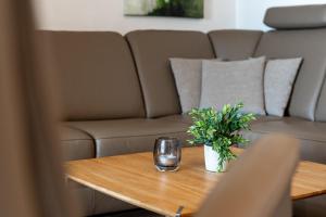 シャルボイツにあるSchmiedestraße 3 Wohnung 7のグラスとソファのあるコーヒーテーブル