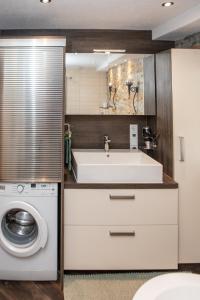 Un baño con lavabo y lavadora. en Ferienhaus im Pochwerksgrund in Suhl Goldlauter im Thüringer Wald, en Suhl 16 fotos más