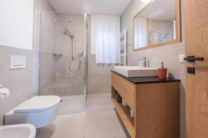 a bathroom with a shower and a toilet and a sink at BioTop Appartement Kronplatz in Perca +27 photos