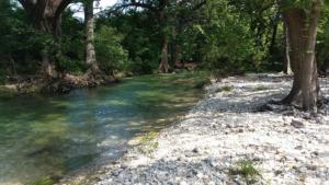 a river with rocks and trees on the side at Old Glory River Cabin in Utopia +14 photos