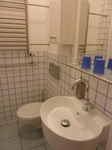 a bathroom with a white toilet and a sink at Lessing-Apartment in Düsseldorf