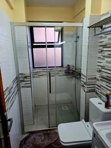 内罗毕Cozy 2-Bedroom的带淋浴和卫生间的浴室以及窗户。