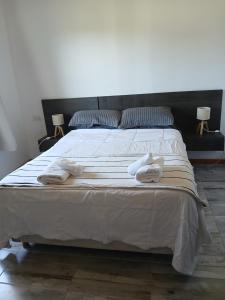 a bedroom with a large white bed with towels on it at Alquiler Turistico Los Notros in Dina Huapi