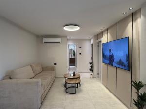 a living room with a couch and a tv on a wall at onyx in Eilat