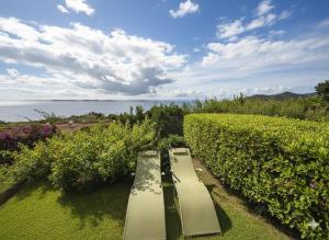 eine Bank, die im Gras neben einer Hecke sitzt in der Unterkunft 8 ARBOUSIERS VILLA 16 in Bonifacio