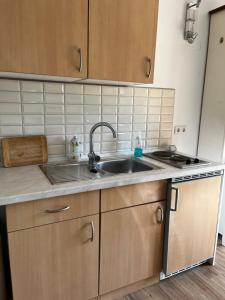 una cocina con fregadero y estufa en Goldnebel, en Oranienburg