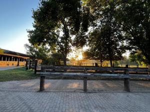 un banco de parque con la puesta de sol de fondo en Goldnebel, en Oranienburg