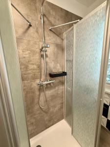 eine Dusche mit Glastür im Badezimmer in der Unterkunft GSD Apartment in Leipzig + 33 Fotos