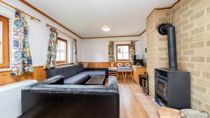 a living room with a couch and a stove at Chalets am Feuerkogel - LANDLUFT in Ebensee