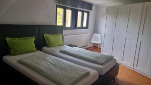 een slaapkamer met 2 bedden met groene kussens en een raam bij Ferienwohnung Luitpold 21 in Edenkoben