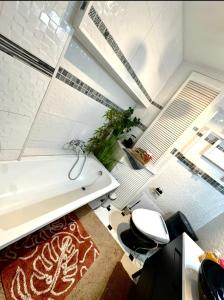 a bathroom with a toilet and a sink and a tub at Apartament Majowa in Jelenia Góra