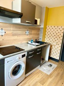 eine Küche mit Waschmaschine und Spüle in der Unterkunft Apt Baie de Somme en centre ville 200m de la plage in Cayeux-sur-Mer + 7 Fotos