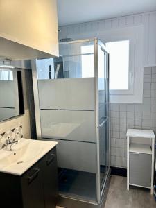 ein Badezimmer mit Dusche und Waschbecken in der Unterkunft Apt Baie de Somme en centre ville 200m de la plage in Cayeux-sur-Mer
