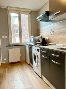 eine Küche mit Waschmaschine und Spüle in der Unterkunft Apt Baie de Somme en centre ville 200m de la plage in Cayeux-sur-Mer