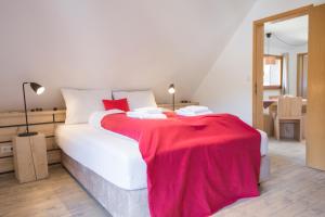 圣布拉辛Menzenschwand Kapellenweg by Kuckucksnest的卧室里有一张床，床上铺着一条红毯子