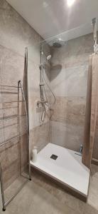 a shower in a bathroom with a white counter at studio indépendant dans maison à la campagne in Lagor