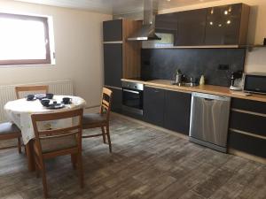 a kitchen with a table and chairs and a table and a kitchen at Haus Elvira in Horb am Neckar