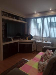 Una sala de estar con un sofá y una cocina con ventanas. en Parque polar, en Caxias do Sul