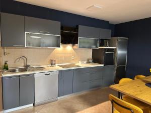 a kitchen with blue walls and stainless steel appliances at Apartman Centar in Valpovo