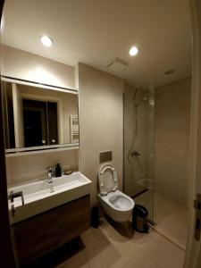 a bathroom with a toilet and a sink and a shower at BW Maša in Belgrade +8 photos